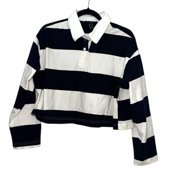 Forever 21 Navy & White Striped Crop Polo Shirt Womens L - Picture 2 of 6